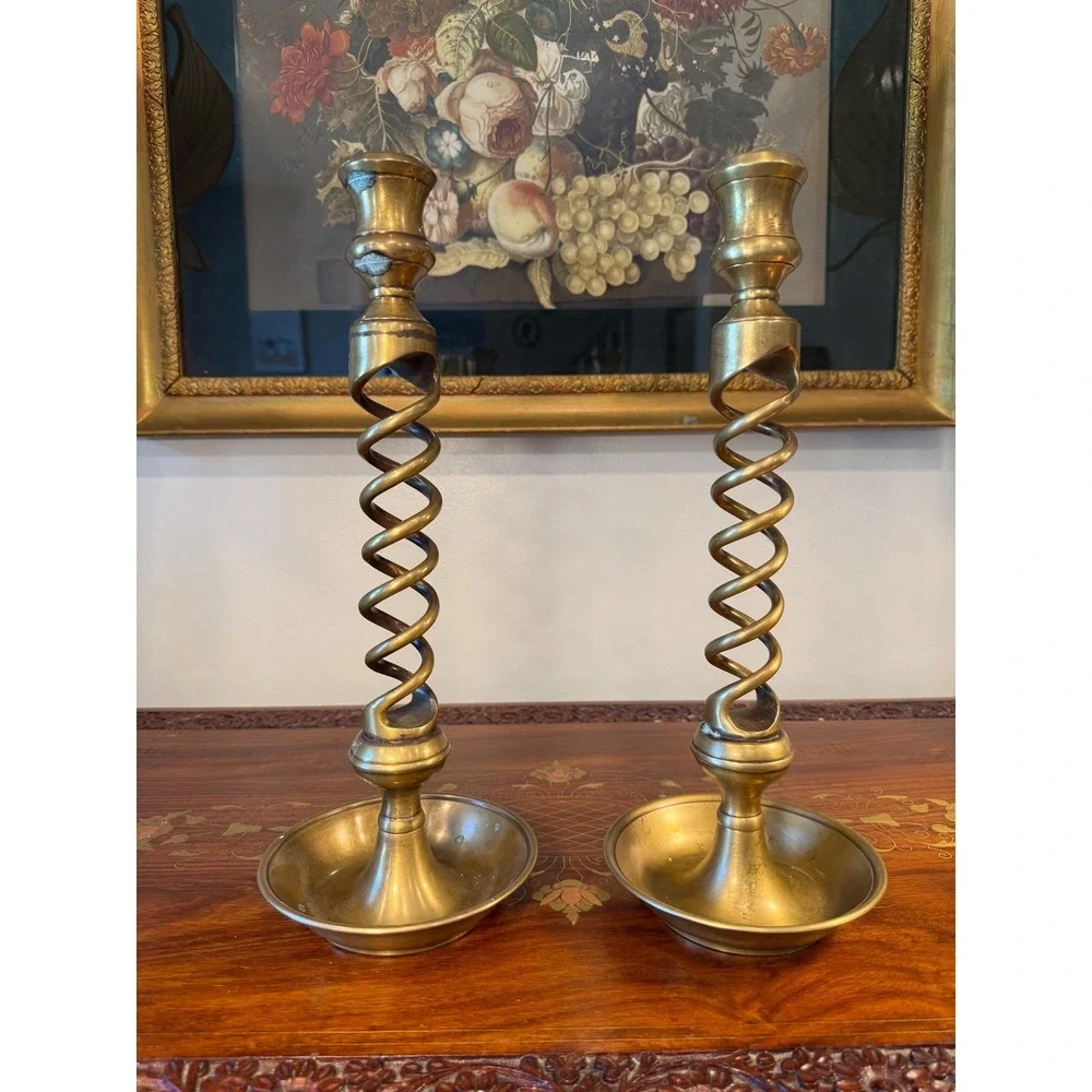 Vintage Solid Brass Barley Twist Candlesticks Pair • 13.75